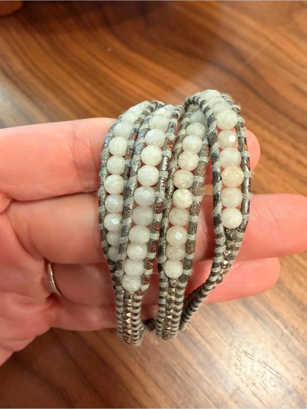 Chan Luu Wrap Bracelet Silver Tone and White Faceted Beads Gray and Brown